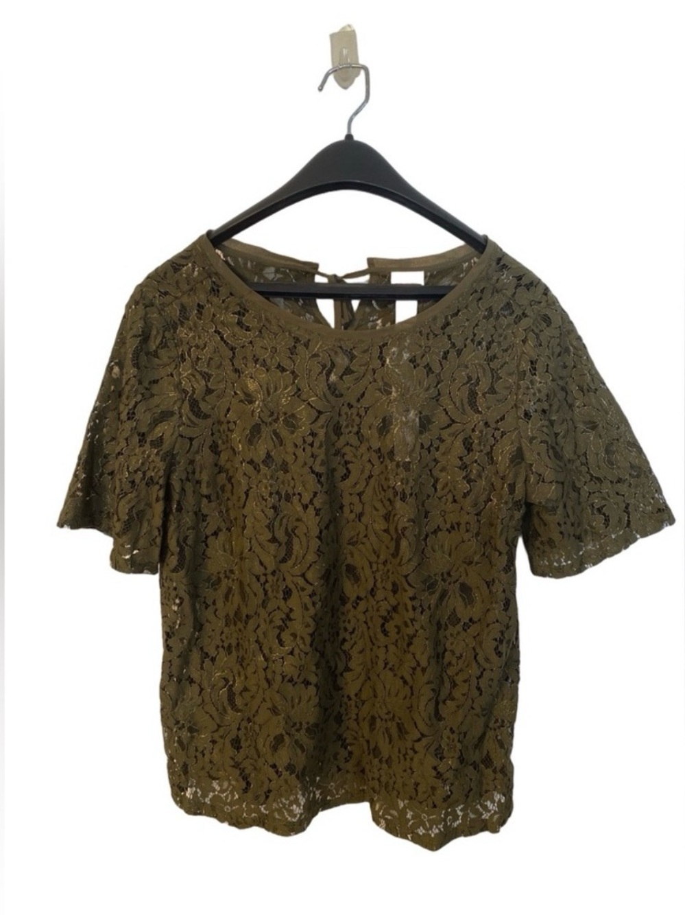 Chico’s Olive Green Foiled Lace Top Size 0 Large Tie Back Sheer Blouse